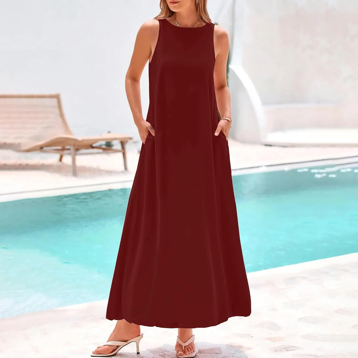 Women's Flowy Summer Dresses 2025 Crew Neck Sleeveless Casual Loose Sundress Basic Beach Tank Maxi Dress with Pockets