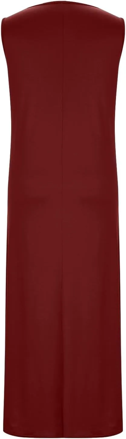 Women's Flowy Summer Dresses 2025 Crew Neck Sleeveless Casual Loose Sundress Basic Beach Tank Maxi Dress with Pockets
