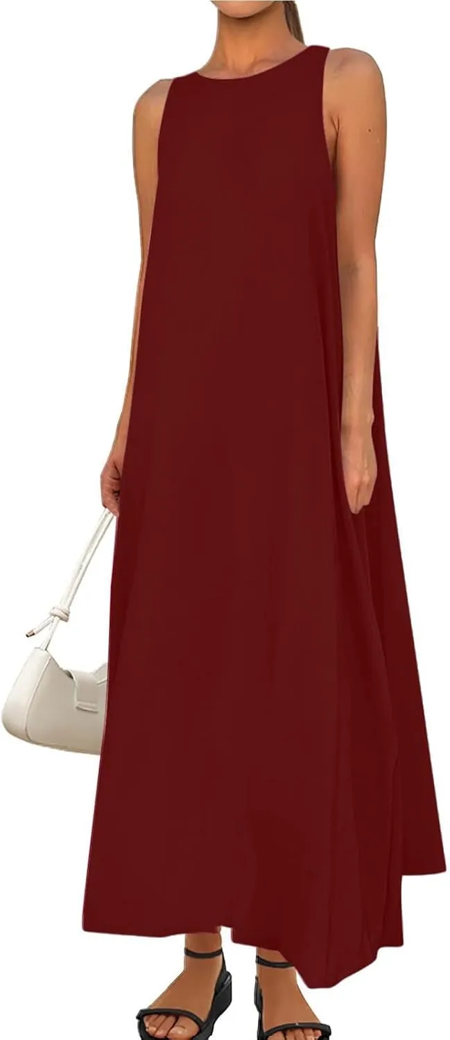 Women's Flowy Summer Dresses 2025 Crew Neck Sleeveless Casual Loose Sundress Basic Beach Tank Maxi Dress with Pockets
