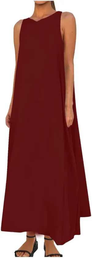 Women's Flowy Summer Dresses 2025 Crew Neck Sleeveless Casual Loose Sundress Basic Beach Tank Maxi Dress with Pockets