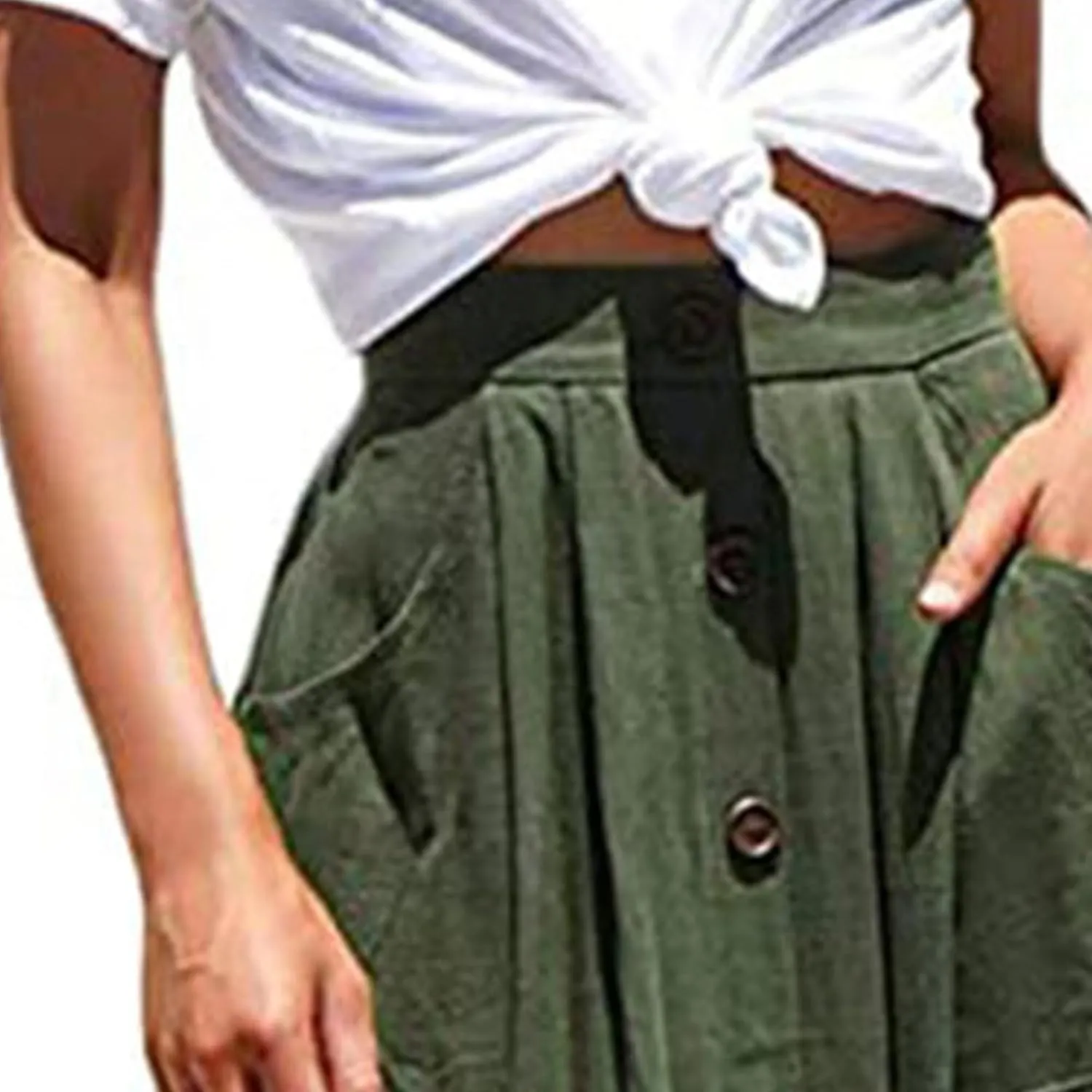 Women's High Waist Midi Skirt Vintage Elastic A-Line Pleated Button Front Skirts Casual Stretchy Skirts with Pockets