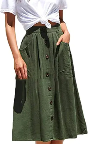 Women's High Waist Midi Skirt Vintage Elastic A-Line Pleated Button Front Skirts Casual Stretchy Skirts with Pockets
