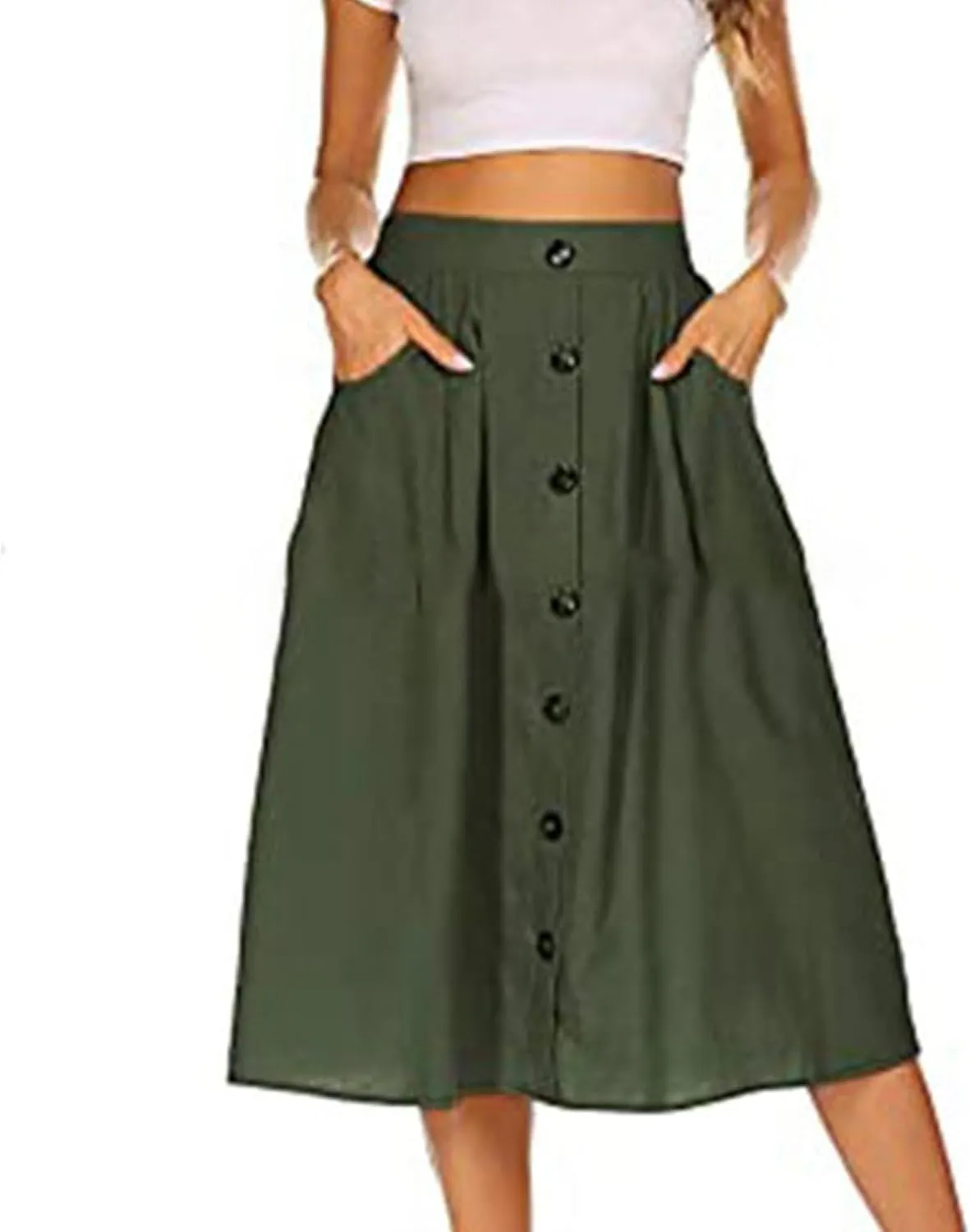 Women's High Waist Midi Skirt Vintage Elastic A-Line Pleated Button Front Skirts Casual Stretchy Skirts with Pockets