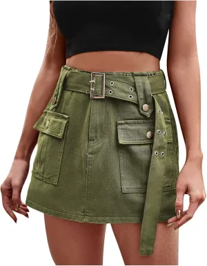 Womens High Waisted Denim Cargo Skirt Shorts Jean Skorts Punk Loose Fit Belted Rock Hot Shorts with Pockets