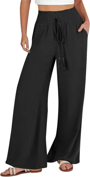 Women's Linen Blend Summer Floral Pants Low Waist Wide Leg Plus Size Pant Trousers Travel