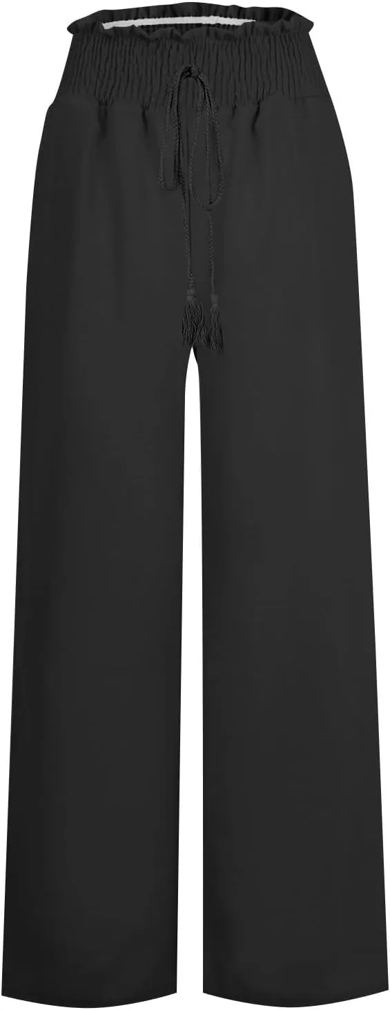 Women's Linen Blend Summer Floral Pants Low Waist Wide Leg Plus Size Pant Trousers Travel