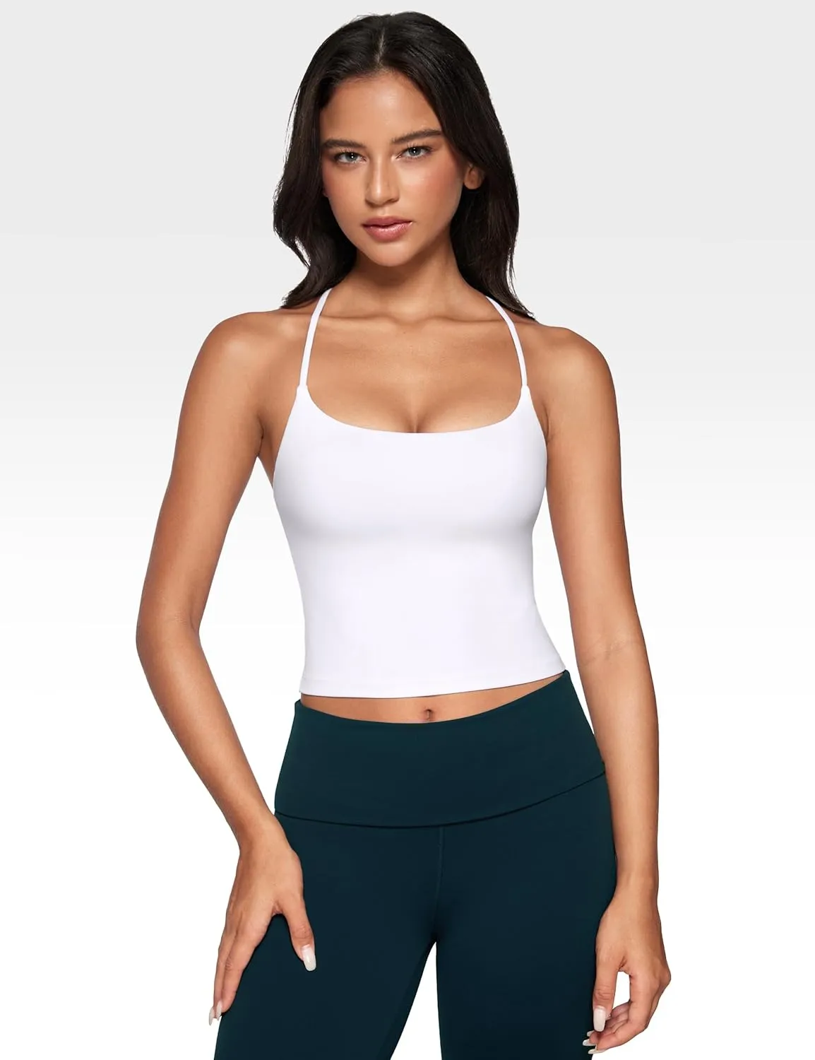 Womens Low Scoop Neck Tank Tops Built in Bra U Back Workout Tanks Spaghetti Criss Cross Strap Sleeveless Cropped Top