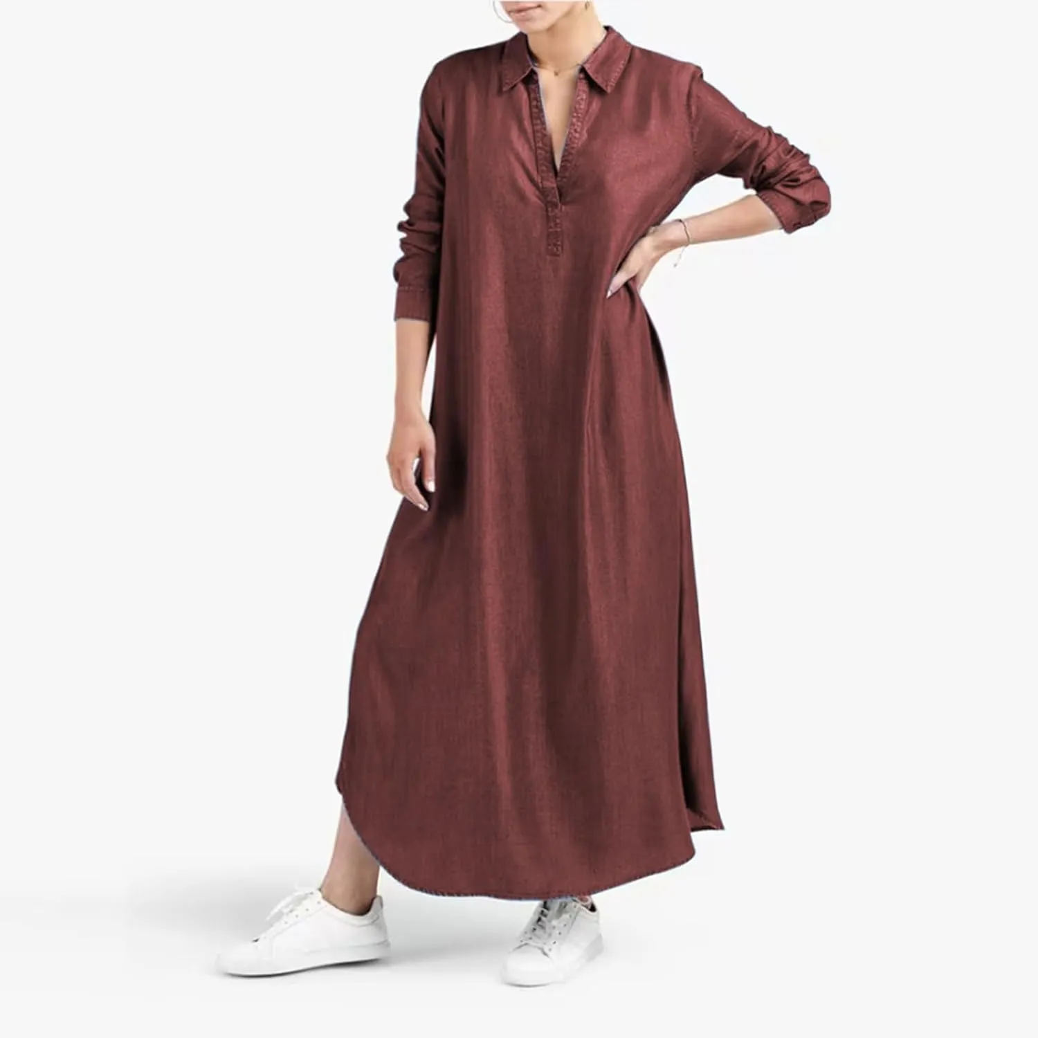 Women's Plain Maxi Long Dress Kaftan Cotton Long Sleeve Casaul Oversized Dress Summer Boho Maxi Dress Plus Size
