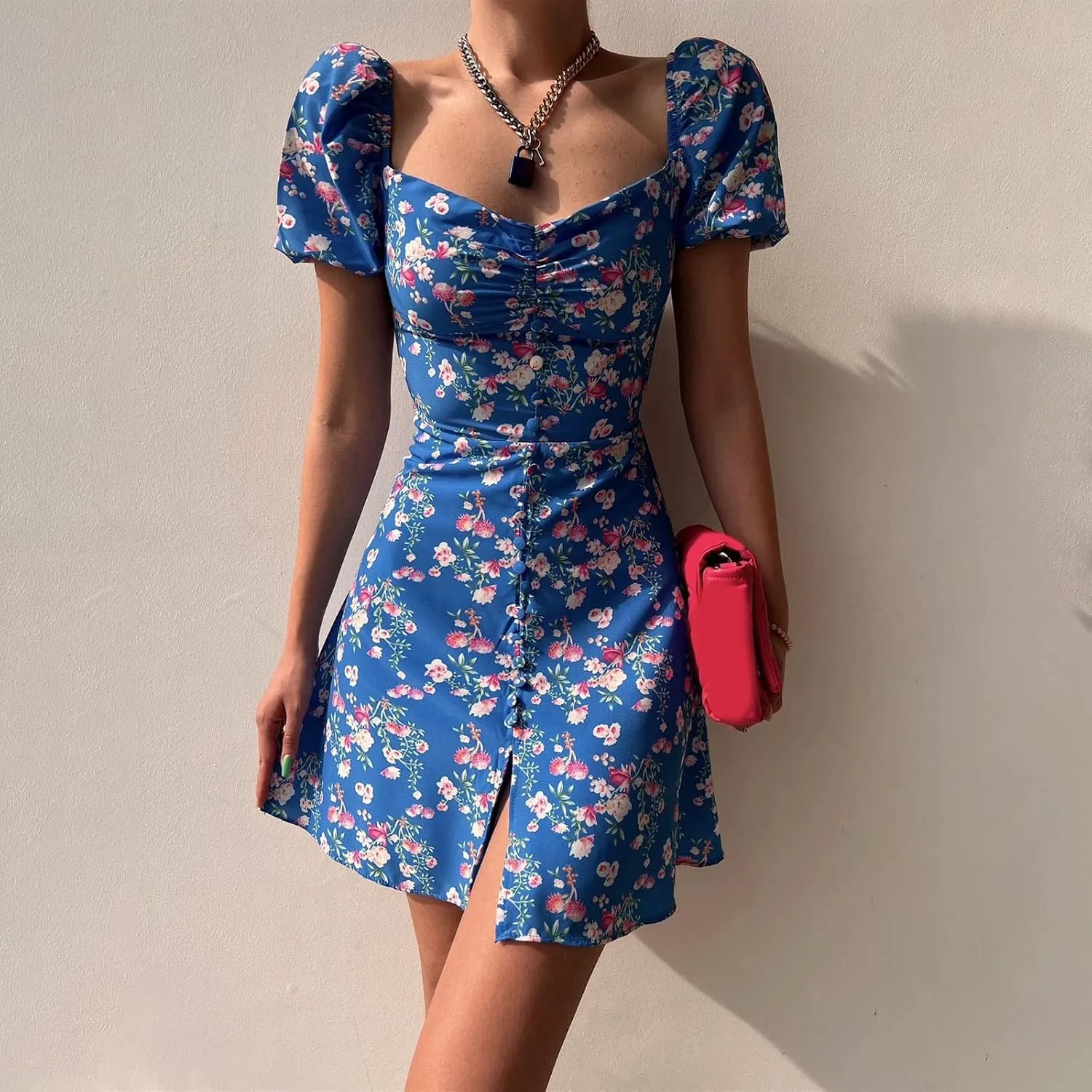 Women's Puff Sleeve Square Neck Babydoll Dress Boho Floral Print Off Shoulder Ruffle Slit Mini Short Dress