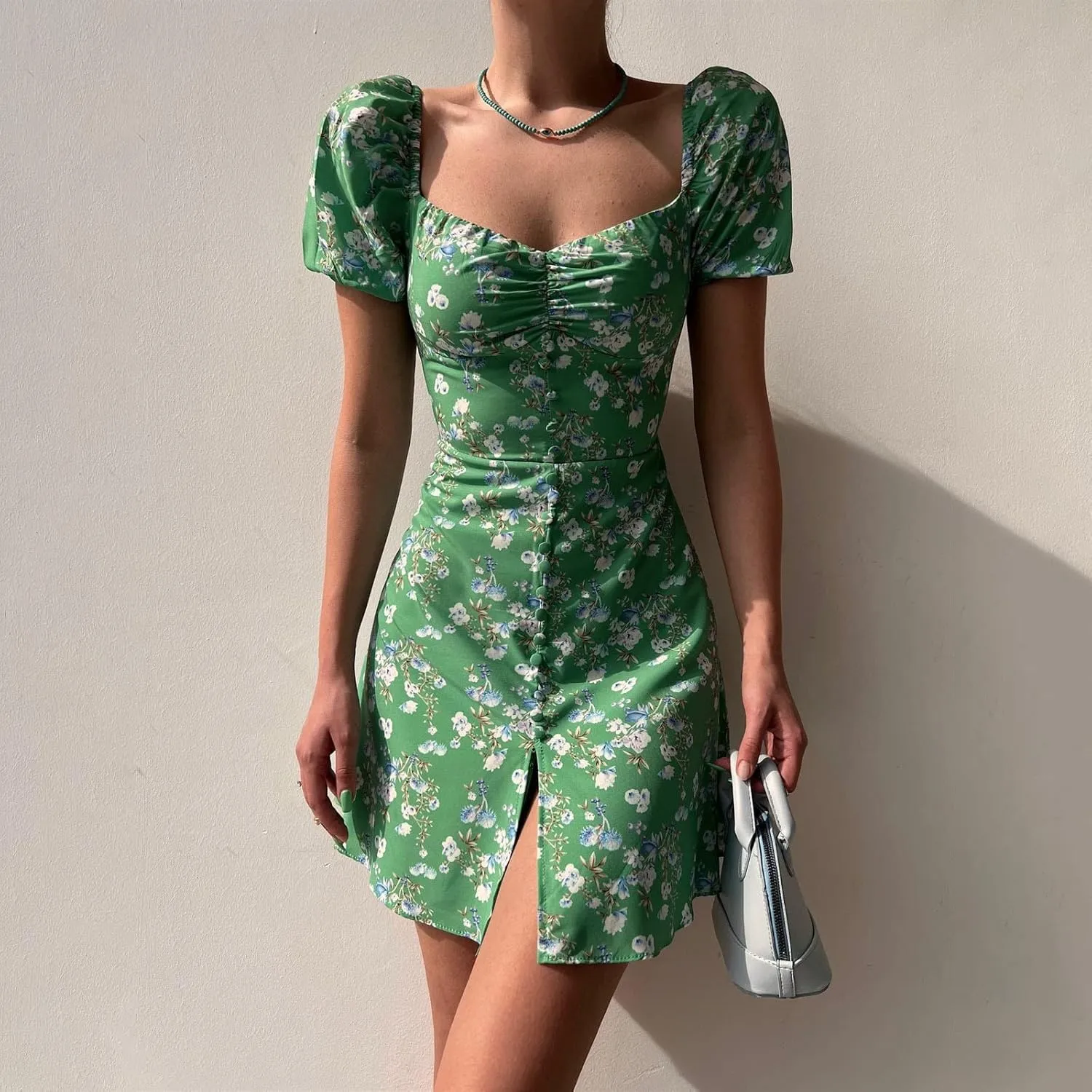Women's Puff Sleeve Square Neck Babydoll Dress Boho Floral Print Off Shoulder Ruffle Slit Mini Short Dress