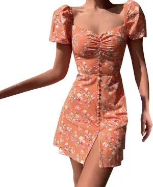 Women's Puff Sleeve Square Neck Babydoll Dress Boho Floral Print Off Shoulder Ruffle Slit Mini Short Dress