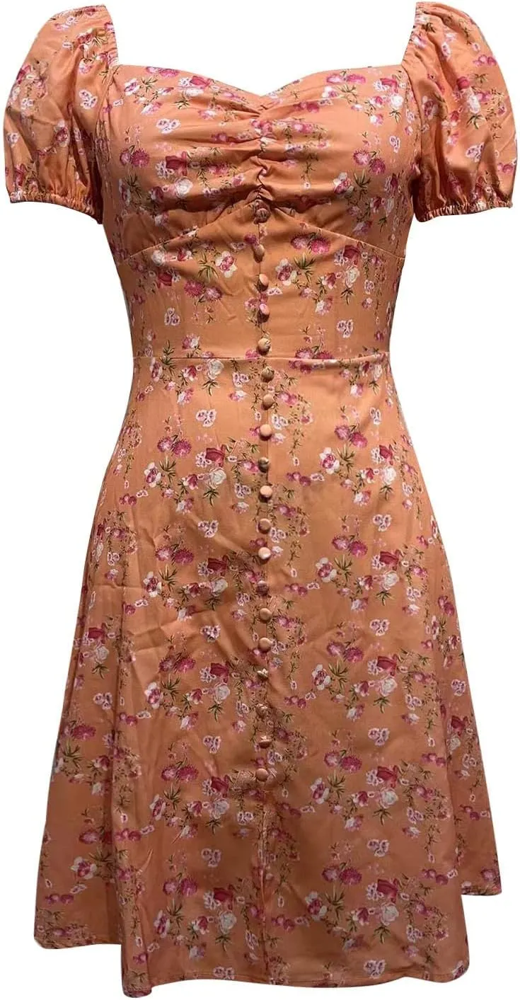 Women's Puff Sleeve Square Neck Babydoll Dress Boho Floral Print Off Shoulder Ruffle Slit Mini Short Dress