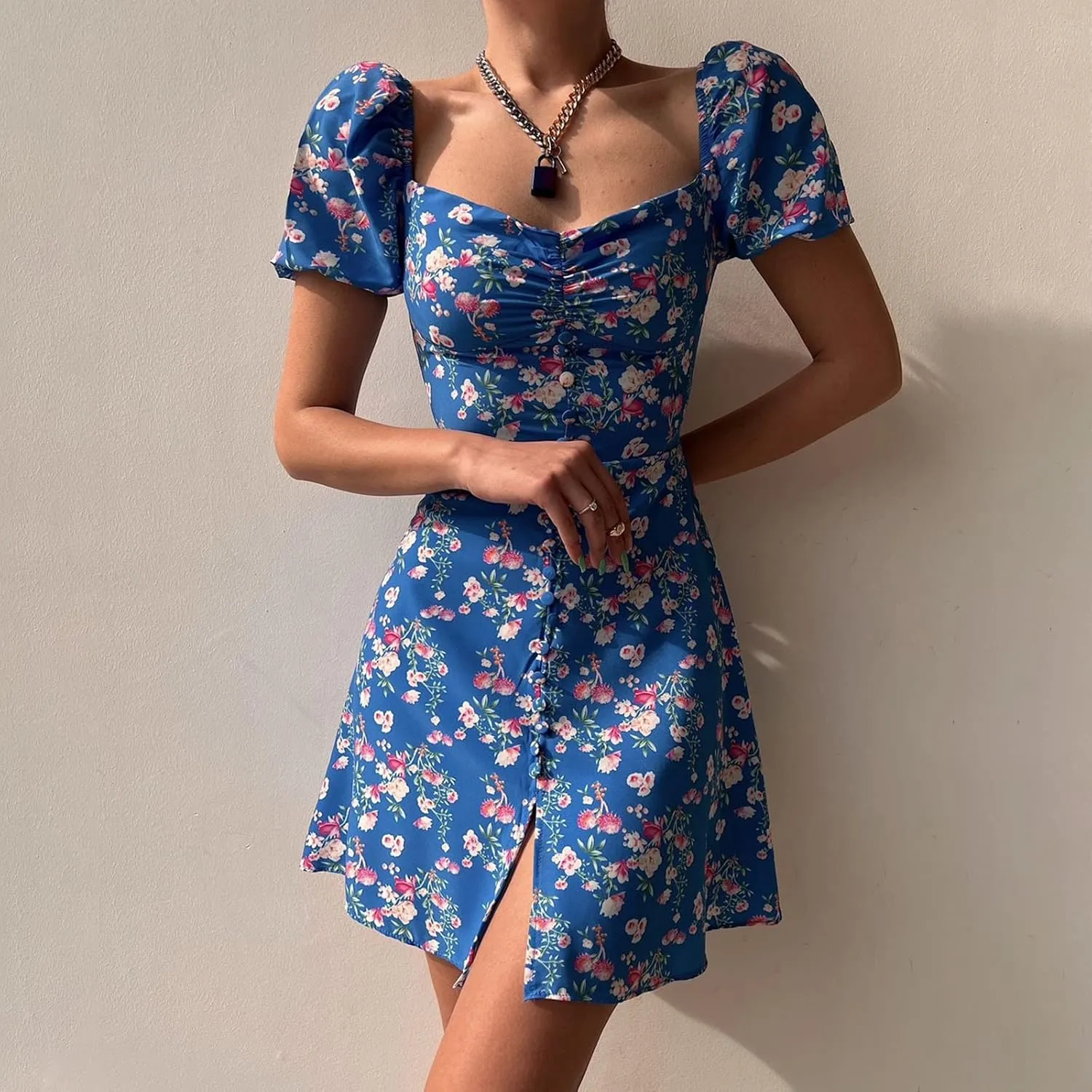 Women's Puff Sleeve Square Neck Babydoll Dress Boho Floral Print Off Shoulder Ruffle Slit Mini Short Dress