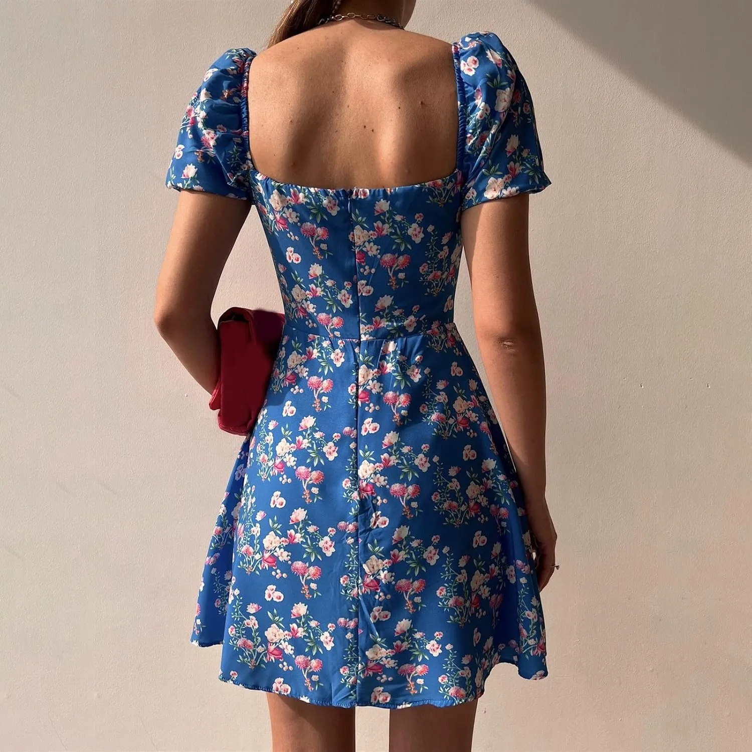 Women's Puff Sleeve Square Neck Babydoll Dress Boho Floral Print Off Shoulder Ruffle Slit Mini Short Dress