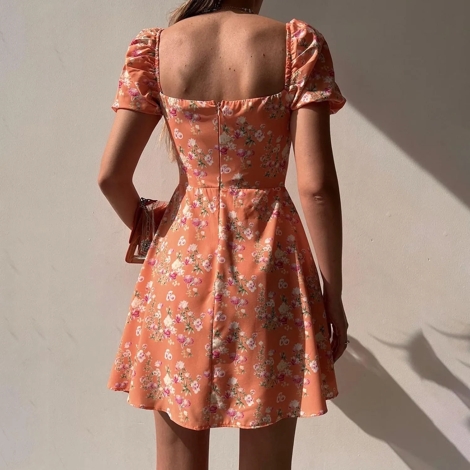 Women's Puff Sleeve Square Neck Babydoll Dress Boho Floral Print Off Shoulder Ruffle Slit Mini Short Dress