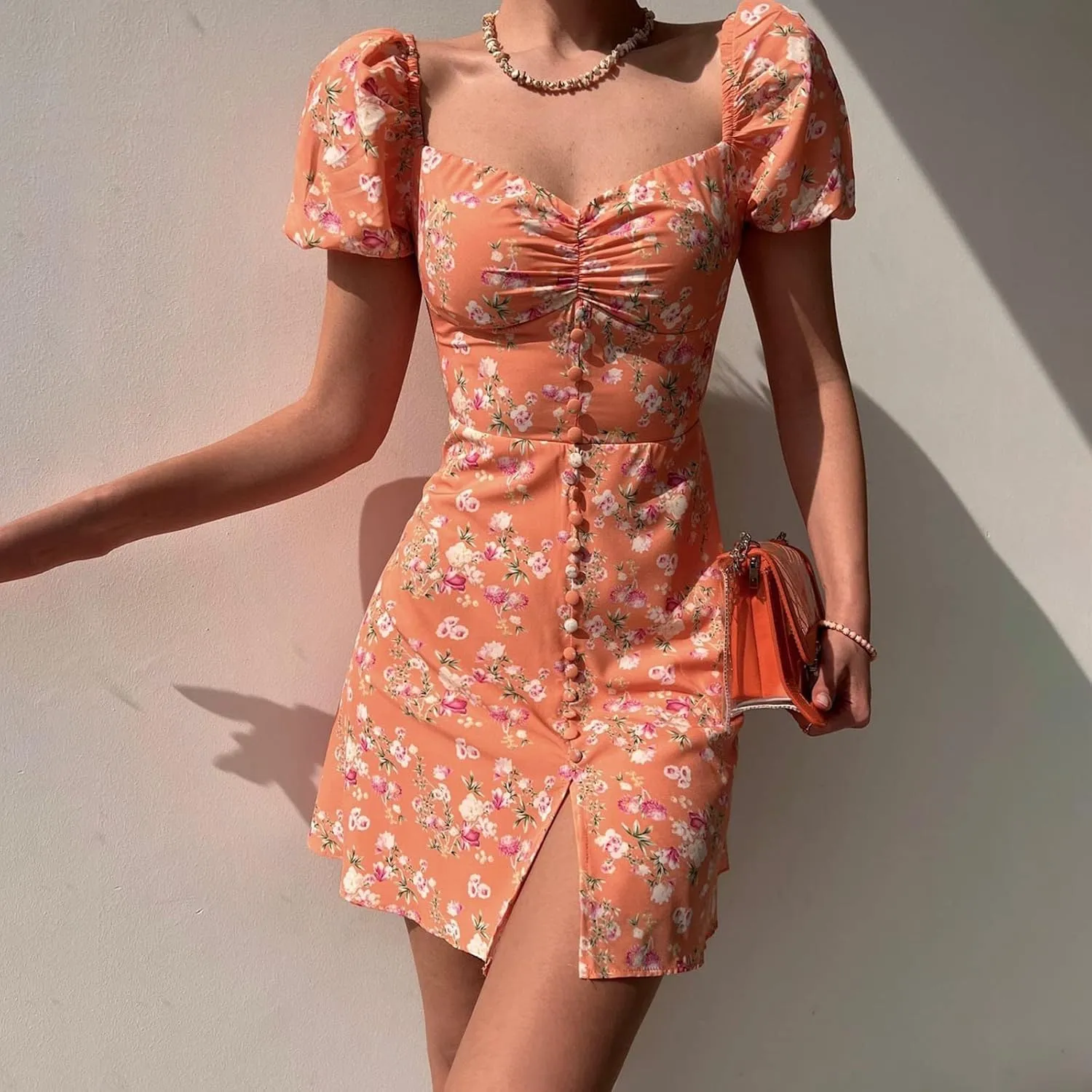 Women's Puff Sleeve Square Neck Babydoll Dress Boho Floral Print Off Shoulder Ruffle Slit Mini Short Dress