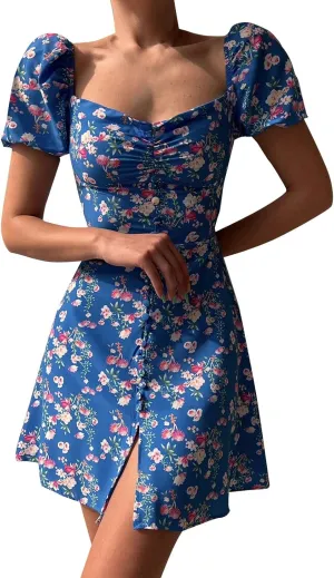 Women's Puff Sleeve Square Neck Babydoll Dress Boho Floral Print Off Shoulder Ruffle Slit Mini Short Dress