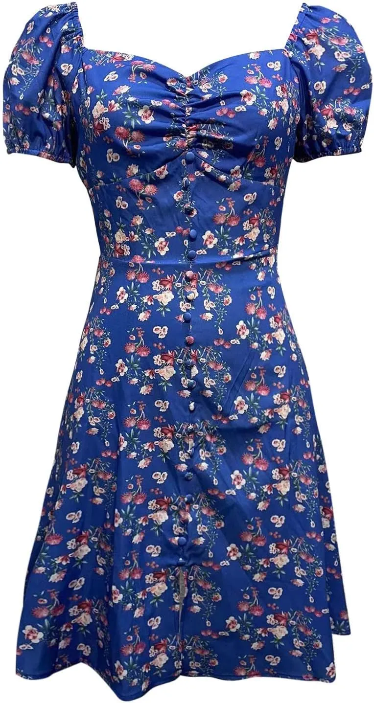 Women's Puff Sleeve Square Neck Babydoll Dress Boho Floral Print Off Shoulder Ruffle Slit Mini Short Dress