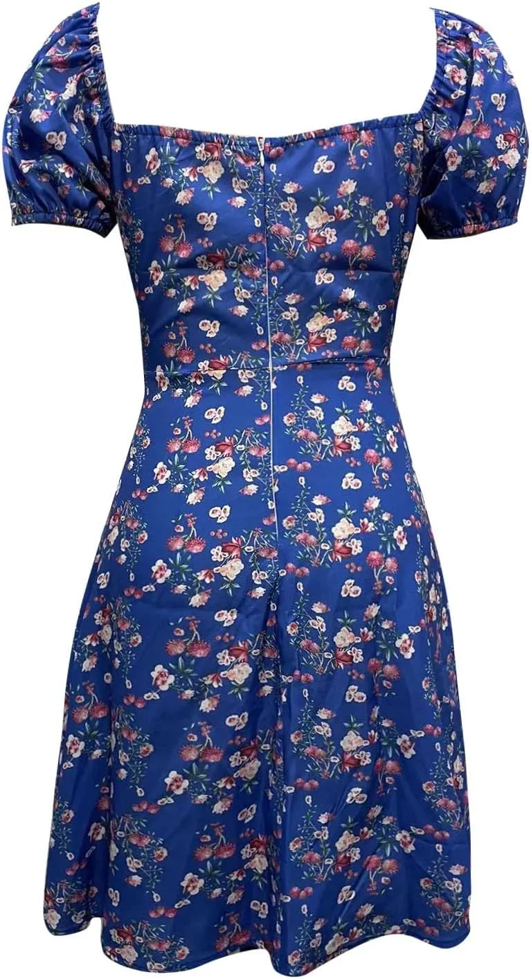 Women's Puff Sleeve Square Neck Babydoll Dress Boho Floral Print Off Shoulder Ruffle Slit Mini Short Dress