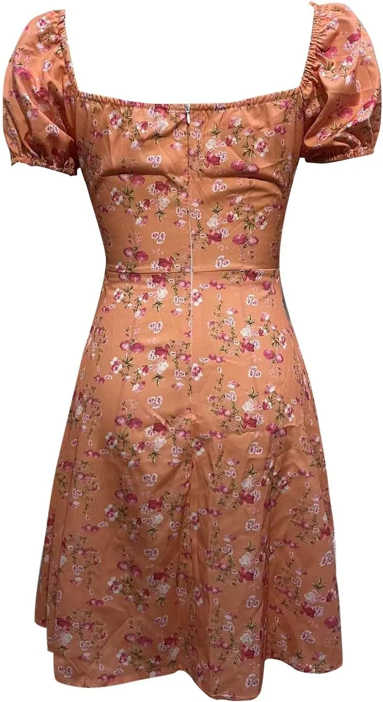 Women's Puff Sleeve Square Neck Babydoll Dress Boho Floral Print Off Shoulder Ruffle Slit Mini Short Dress