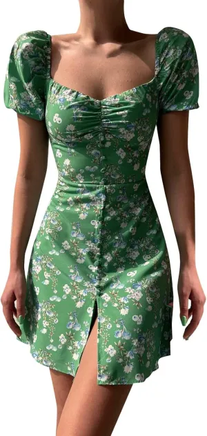 Women's Puff Sleeve Square Neck Babydoll Dress Boho Floral Print Off Shoulder Ruffle Slit Mini Short Dress