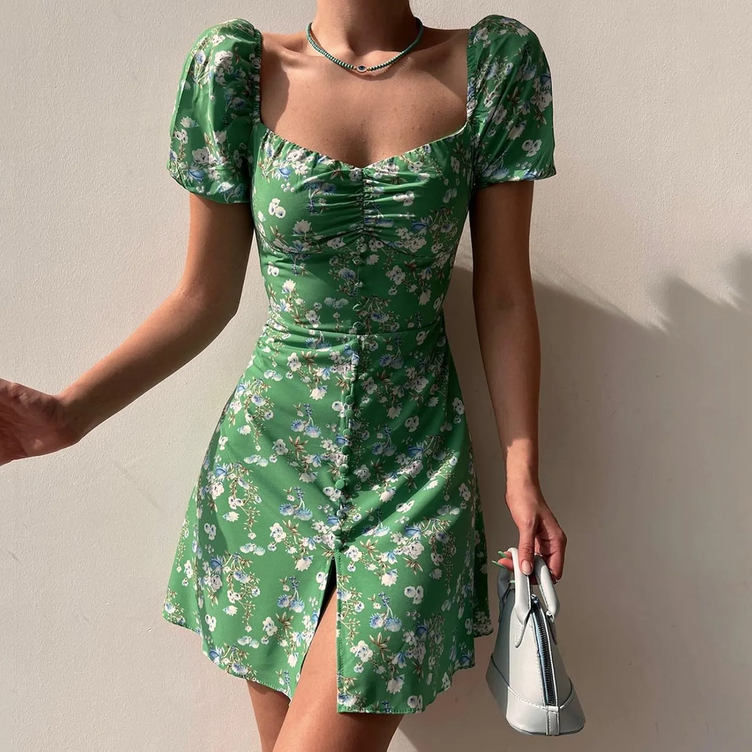 Women's Puff Sleeve Square Neck Babydoll Dress Boho Floral Print Off Shoulder Ruffle Slit Mini Short Dress