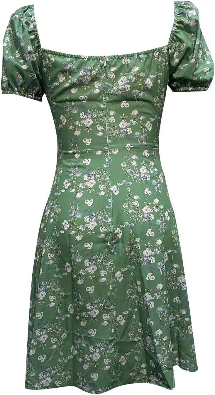 Women's Puff Sleeve Square Neck Babydoll Dress Boho Floral Print Off Shoulder Ruffle Slit Mini Short Dress