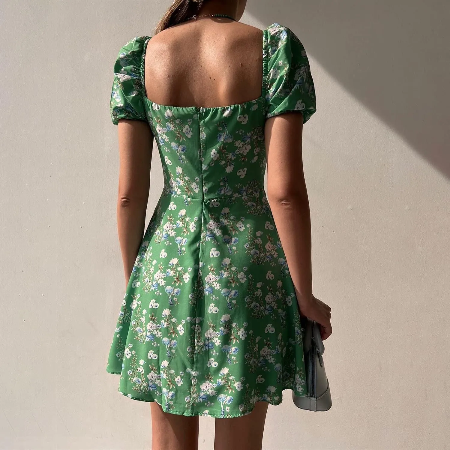 Women's Puff Sleeve Square Neck Babydoll Dress Boho Floral Print Off Shoulder Ruffle Slit Mini Short Dress