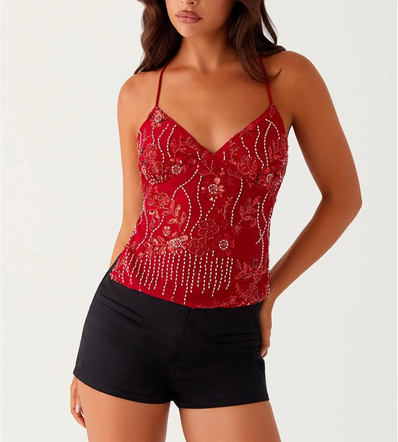 Women's Sequin Tops Sleeveless V Neck Sparkly Pearl Embellished Floral Camisole Backless Going Out Tank Top