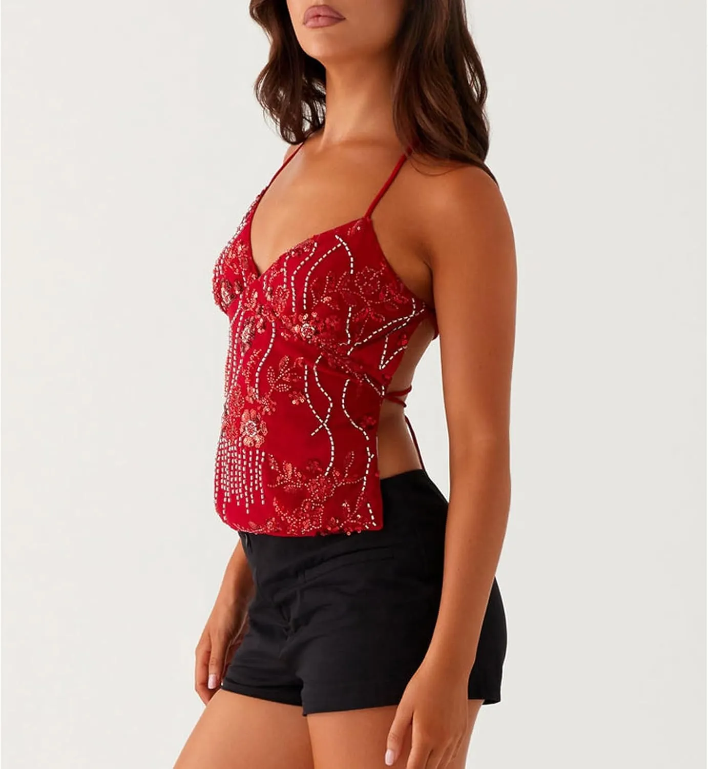 Women's Sequin Tops Sleeveless V Neck Sparkly Pearl Embellished Floral Camisole Backless Going Out Tank Top