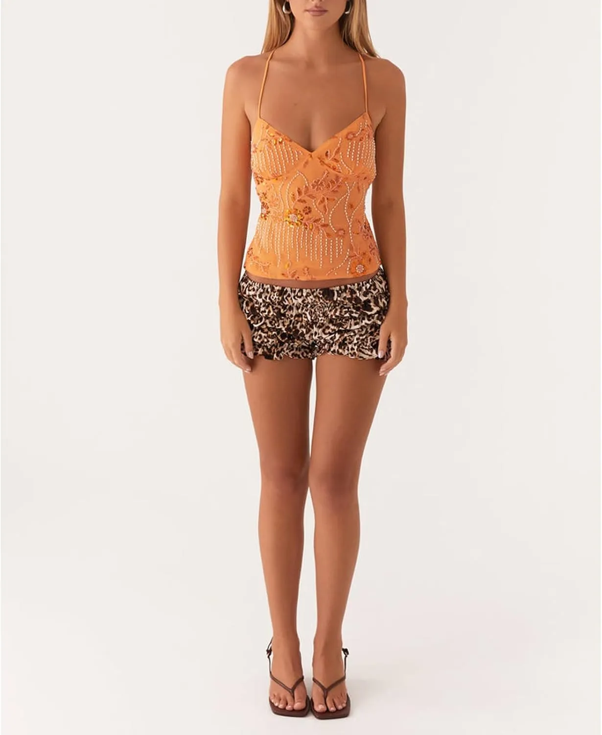 Women's Sequin Tops Sleeveless V Neck Sparkly Pearl Embellished Floral Camisole Backless Going Out Tank Top