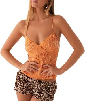 Women's Sequin Tops Sleeveless V Neck Sparkly Pearl Embellished Floral Camisole Backless Going Out Tank Top