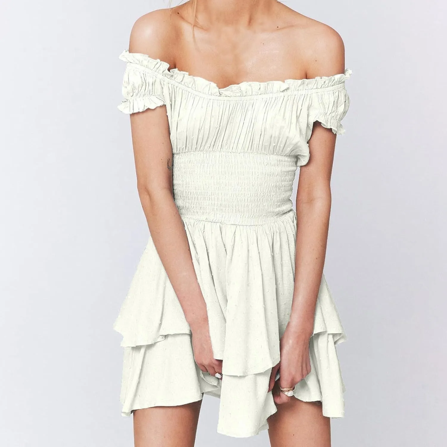 Women's Square Neck Off Shoulder Dress Ruffle Wrap Mini Dress Flounce Short Sleeve A Line Flowy Dress