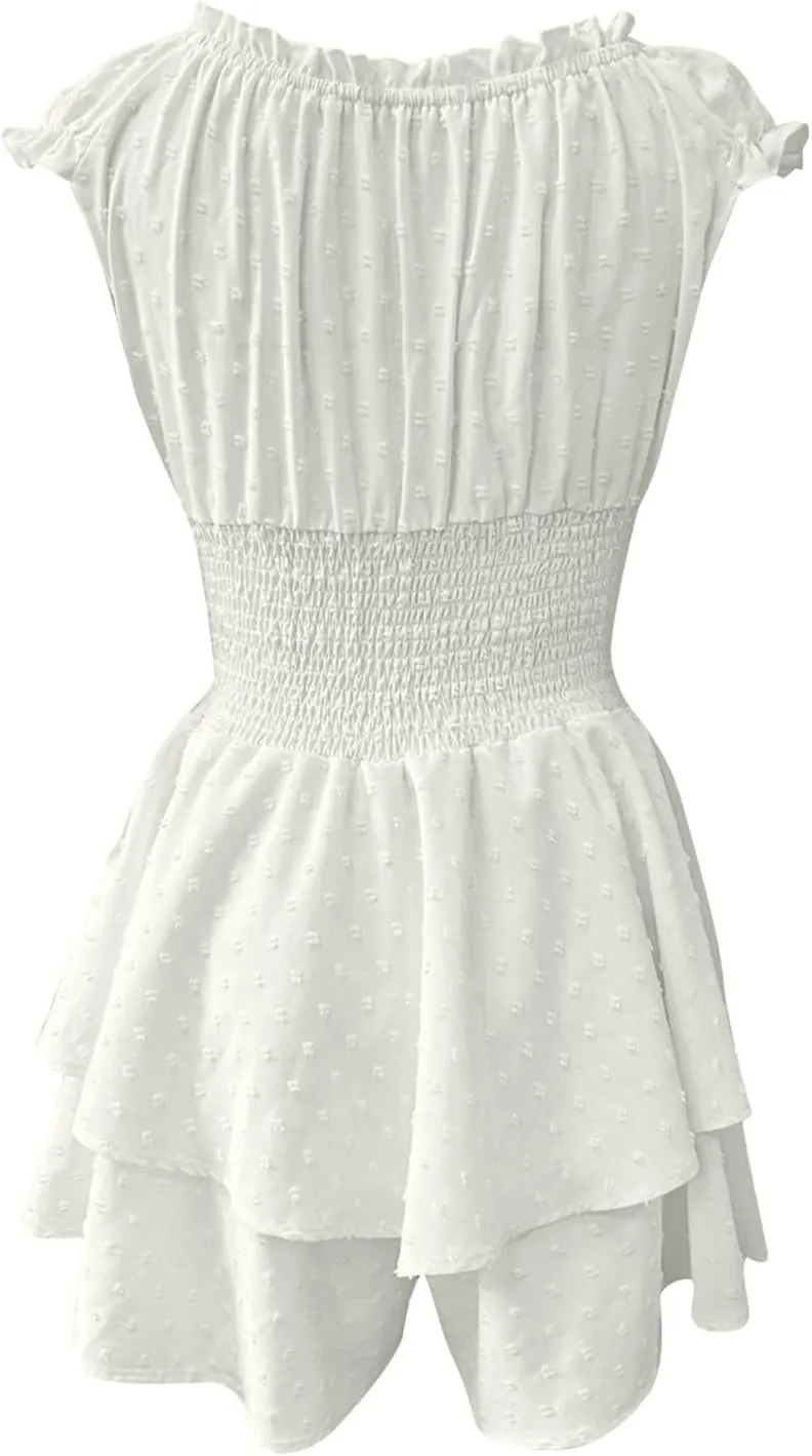 Women's Square Neck Off Shoulder Dress Ruffle Wrap Mini Dress Flounce Short Sleeve A Line Flowy Dress