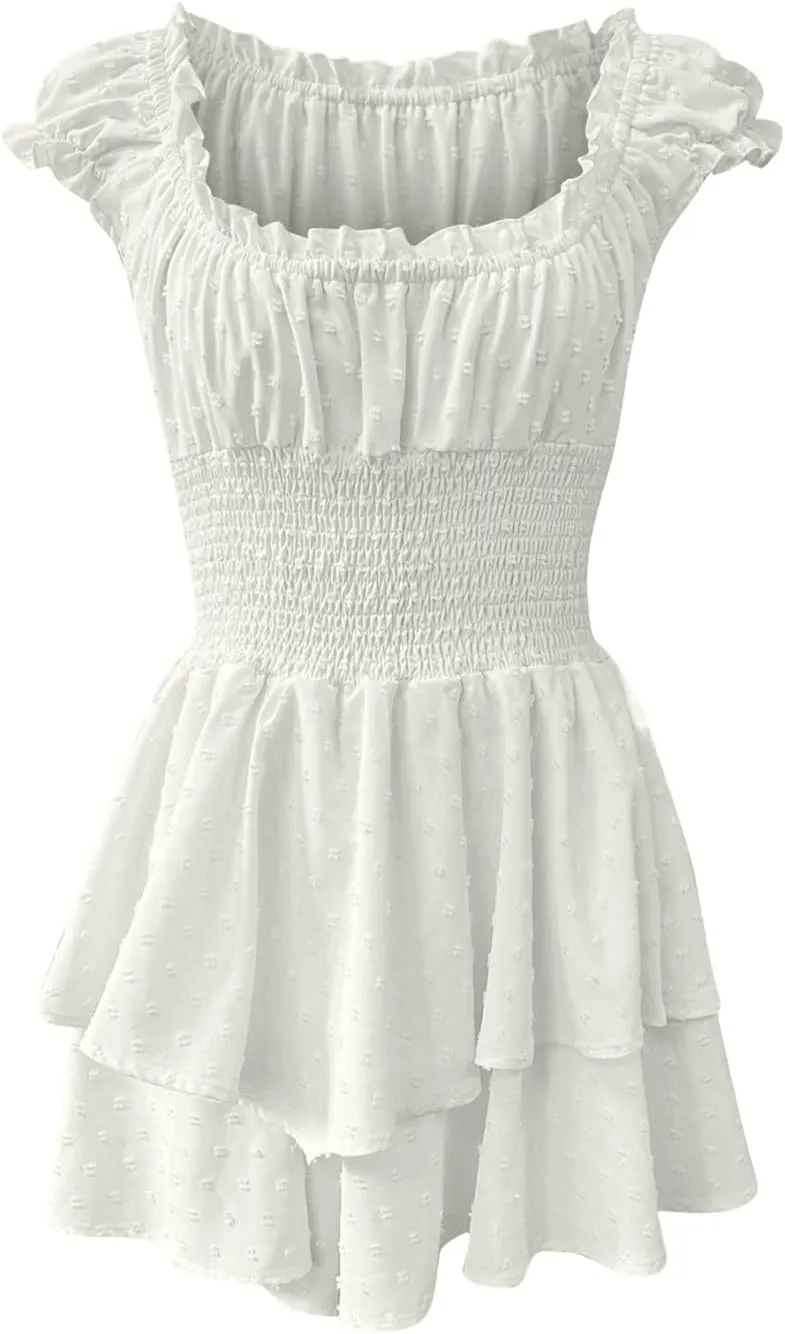 Women's Square Neck Off Shoulder Dress Ruffle Wrap Mini Dress Flounce Short Sleeve A Line Flowy Dress