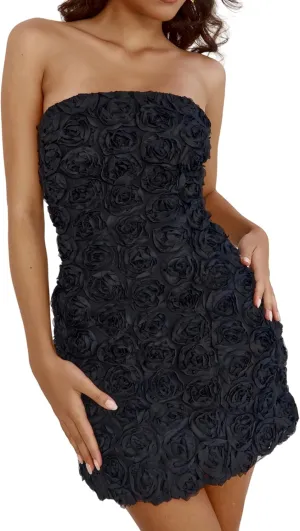 Womens Strapless Mini Dress Sexy Short Bodycon Off Shoulder Stretchy 3D Floral Appliques Tube Top Cocktail Party Dress