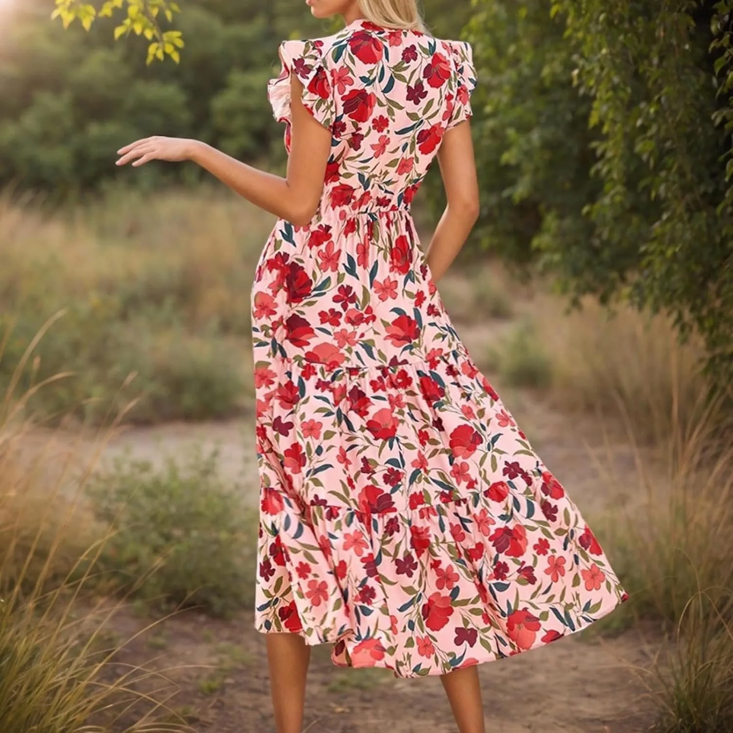 Women's Summer Boho Flowy Midi Dress, Fashion Floral Print Cap Sleeve V-Neck Casual Clothes Ruched High Waist Dresses