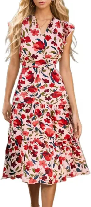 Women's Summer Boho Flowy Midi Dress, Fashion Floral Print Cap Sleeve V-Neck Casual Clothes Ruched High Waist Dresses