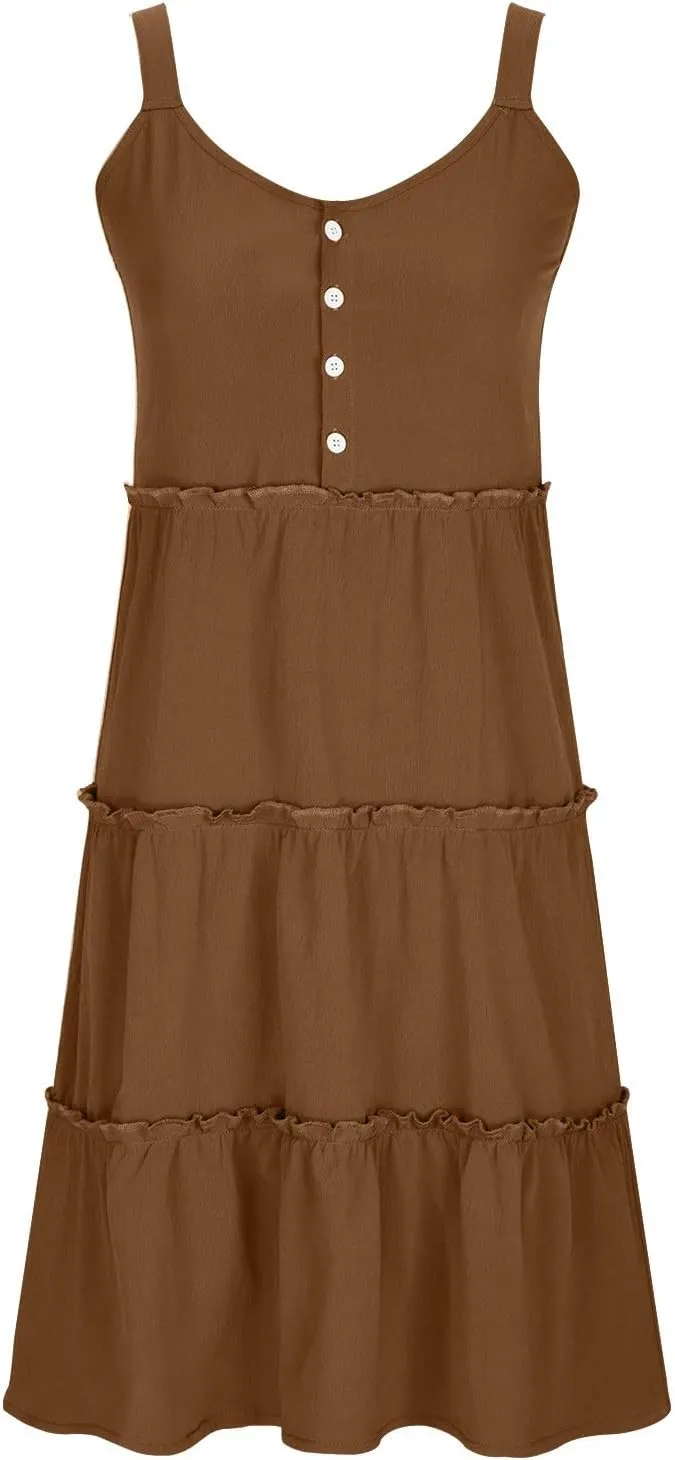 Womens Summer Dresses 2024 Sleeveless Spaghetti Strap Button Crew Neck Beach Sundress Ruffle Tiered Casual Swing Mini Dress