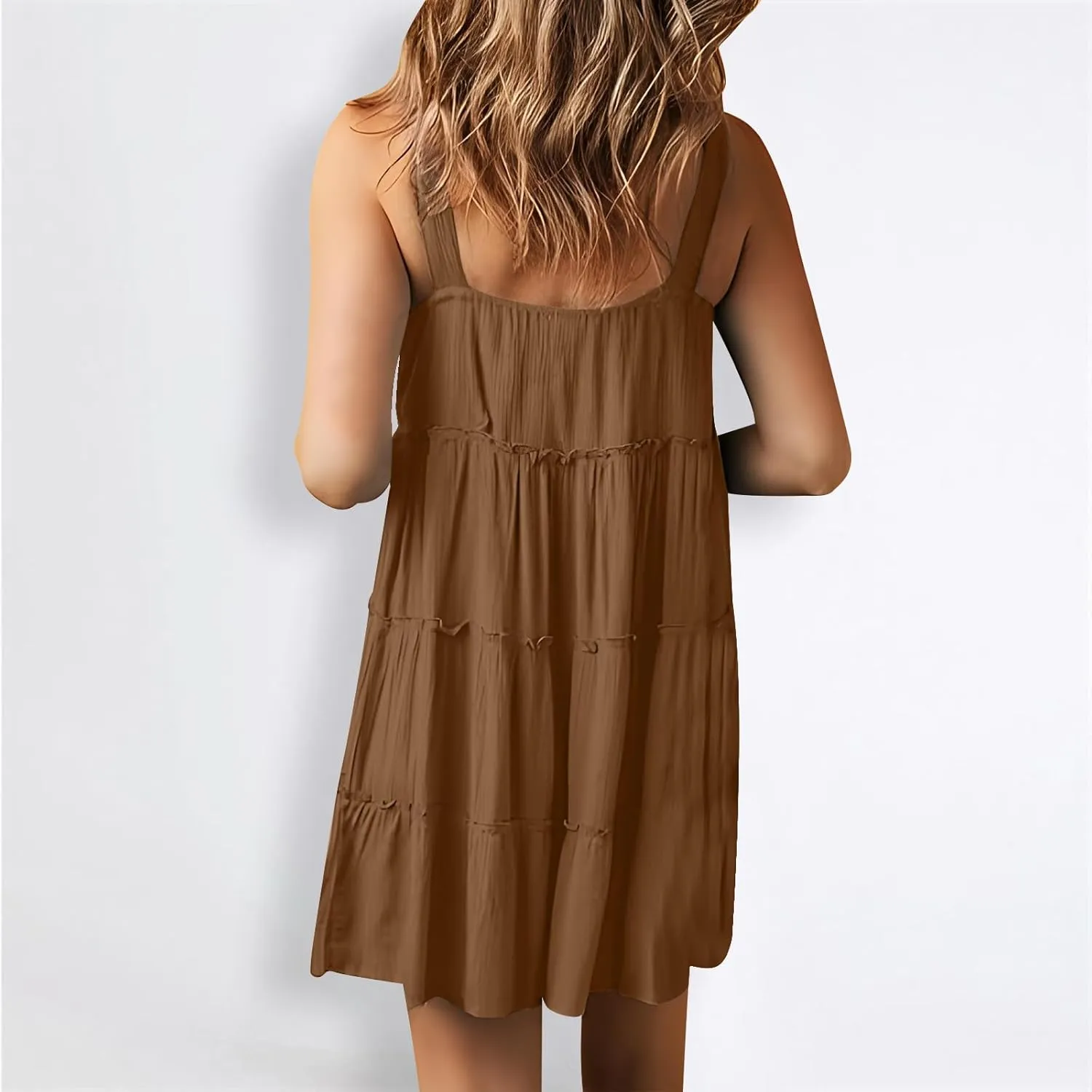 Womens Summer Dresses 2024 Sleeveless Spaghetti Strap Button Crew Neck Beach Sundress Ruffle Tiered Casual Swing Mini Dress