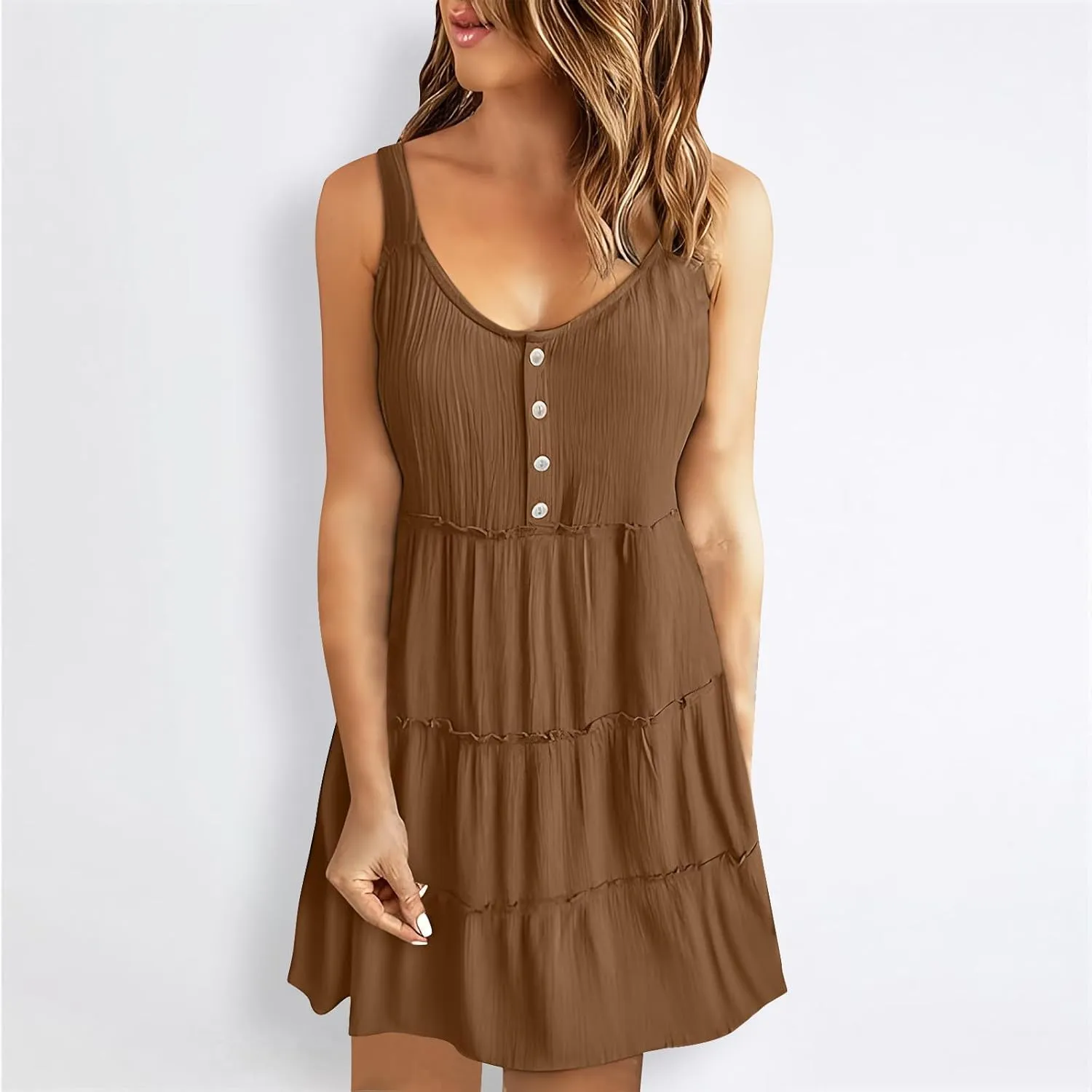 Womens Summer Dresses 2024 Sleeveless Spaghetti Strap Button Crew Neck Beach Sundress Ruffle Tiered Casual Swing Mini Dress
