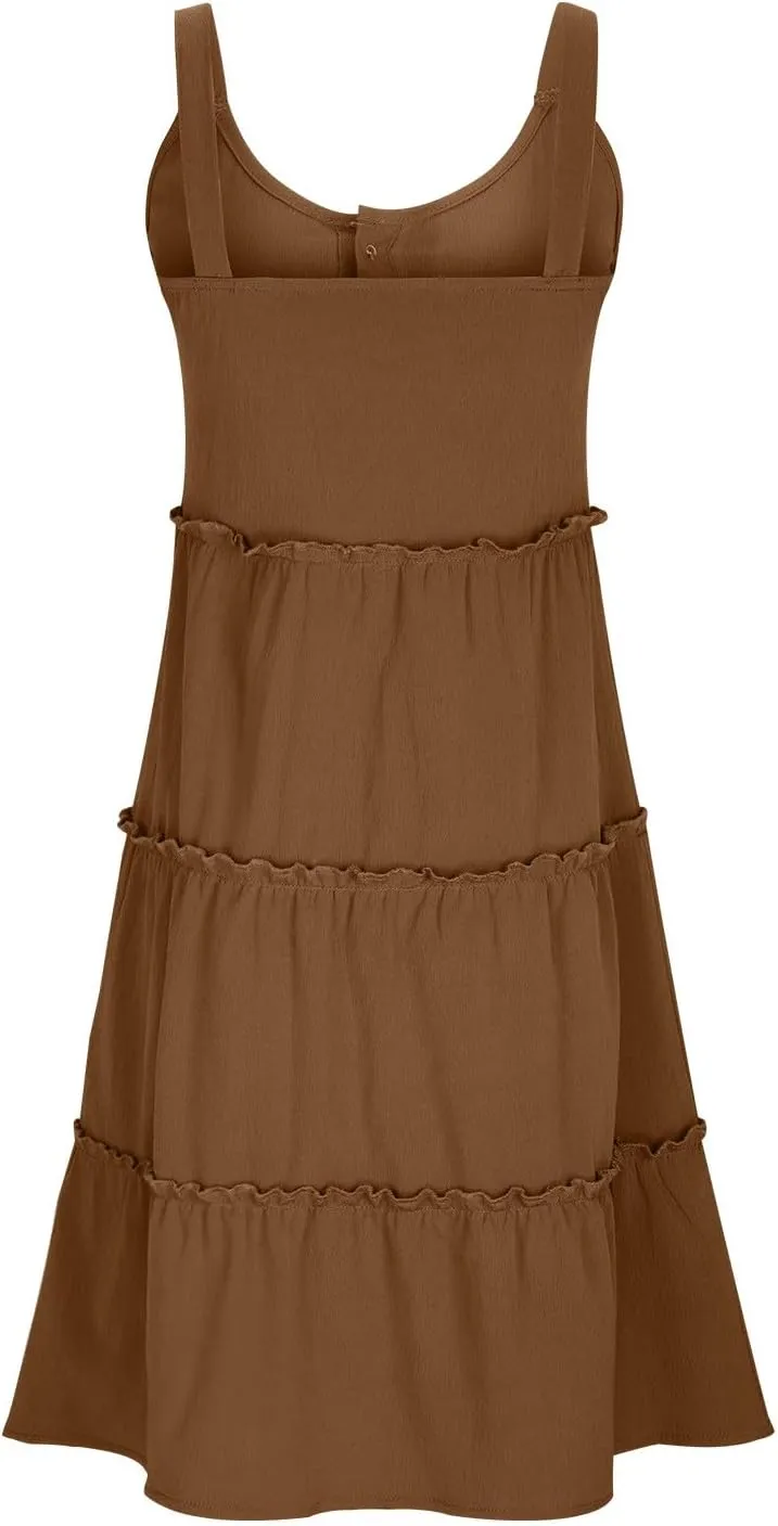 Womens Summer Dresses 2024 Sleeveless Spaghetti Strap Button Crew Neck Beach Sundress Ruffle Tiered Casual Swing Mini Dress