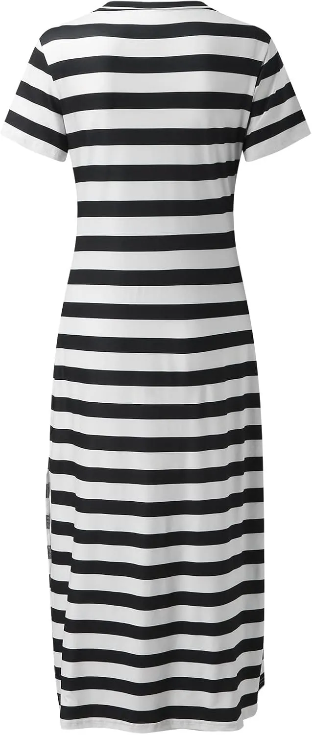 Womens Summer Stripe Maxi Dress Short Sleeve V Neck Casual Loose Long Beach Split Dresses Midi Dress Slit