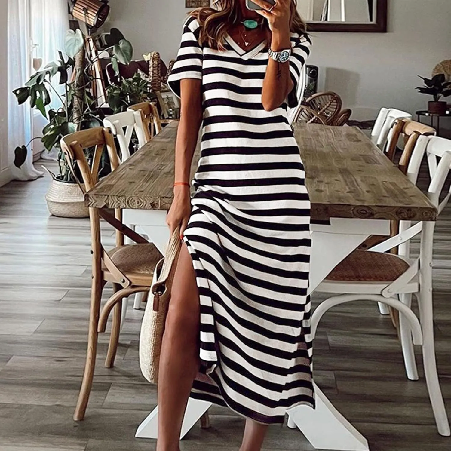 Womens Summer Stripe Maxi Dress Short Sleeve V Neck Casual Loose Long Beach Split Dresses Midi Dress Slit