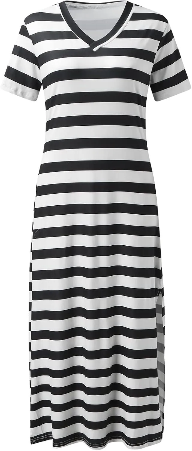 Womens Summer Stripe Maxi Dress Short Sleeve V Neck Casual Loose Long Beach Split Dresses Midi Dress Slit