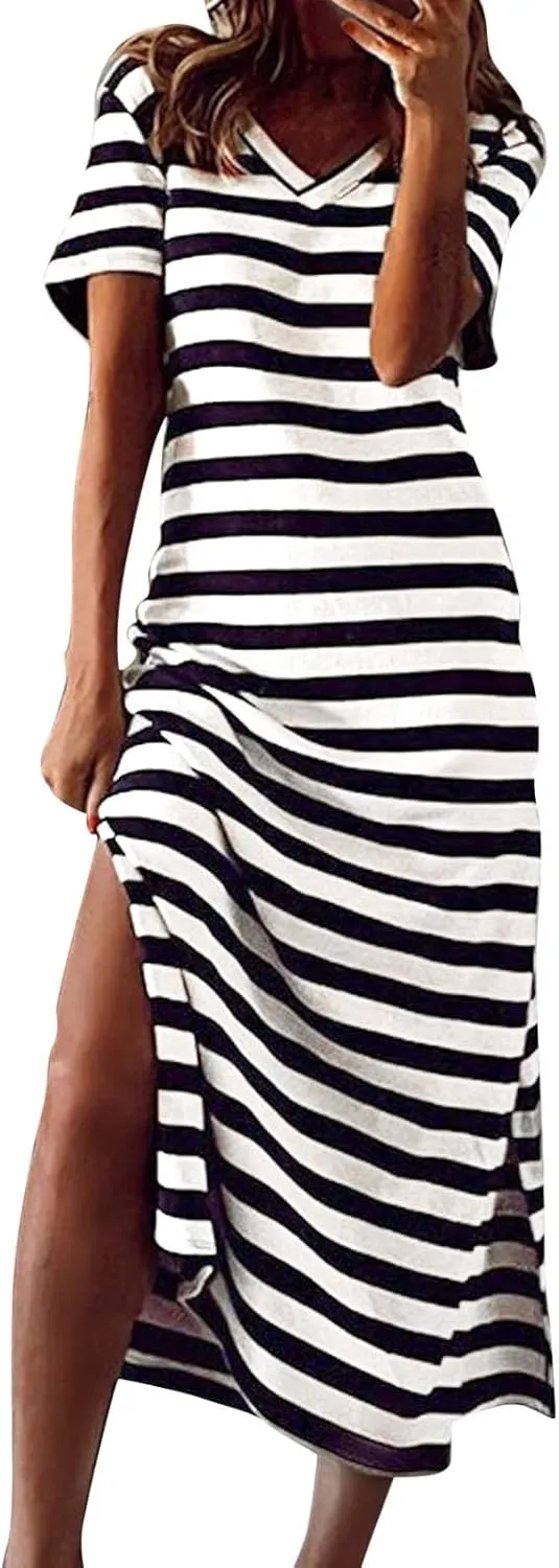 Womens Summer Stripe Maxi Dress Short Sleeve V Neck Casual Loose Long Beach Split Dresses Midi Dress Slit