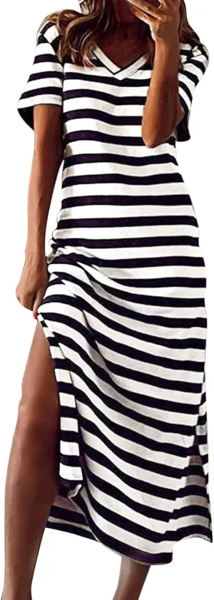 Womens Summer Stripe Maxi Dress Short Sleeve V Neck Casual Loose Long Beach Split Dresses Midi Dress Slit