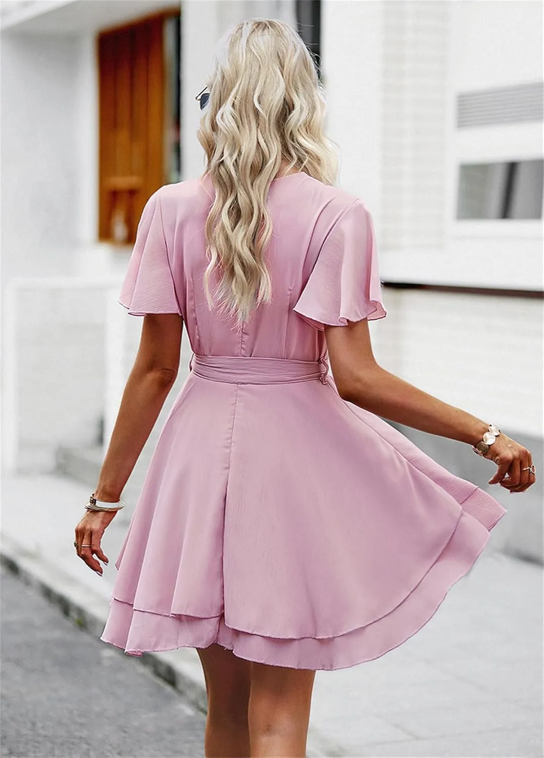 Women's Summer Wrap V Neck Short Sleeve Mini Dress Casual Boho Floral Print Ruffle Hem Split Tie Waist Dresses
