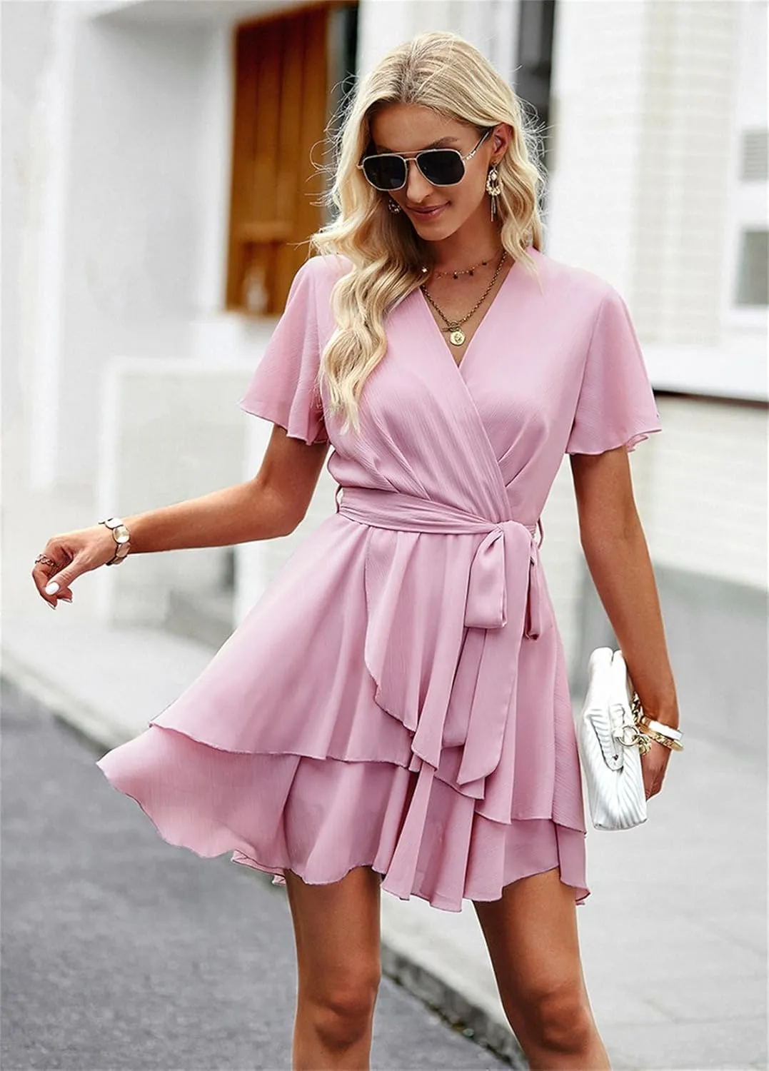 Women's Summer Wrap V Neck Short Sleeve Mini Dress Casual Boho Floral Print Ruffle Hem Split Tie Waist Dresses