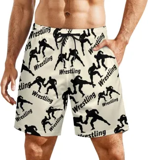 Wrestling Casual Beach Shorts for Men Elastic Waist Drawstring Swim Shorts With Compression Liner